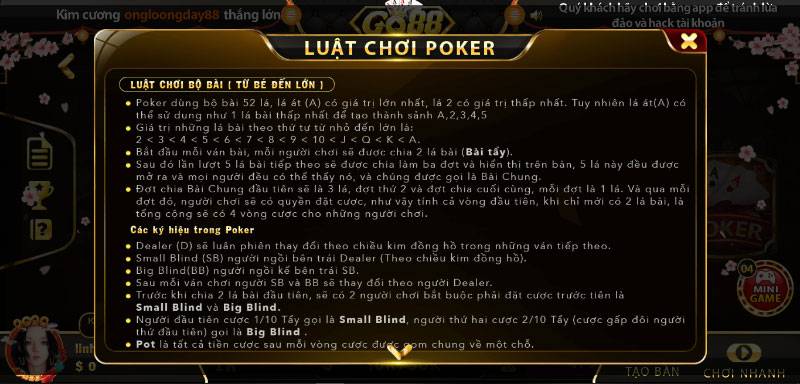 Luật chơi game bài Poker Go88